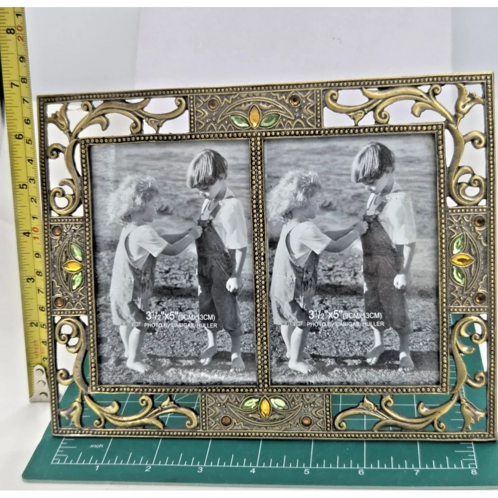 Gold Tone Metal Jeweled Double Picture Frame 3.5